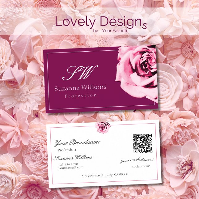 Carte De Visite Chic Vin Rouge et Blanc Rose Initiales QR Code (Créateur téléchargé)