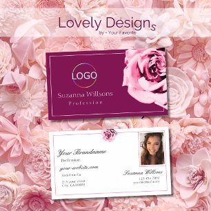Carte De Visite Chic Vin Rouge et Rose blanche avec logo Photo