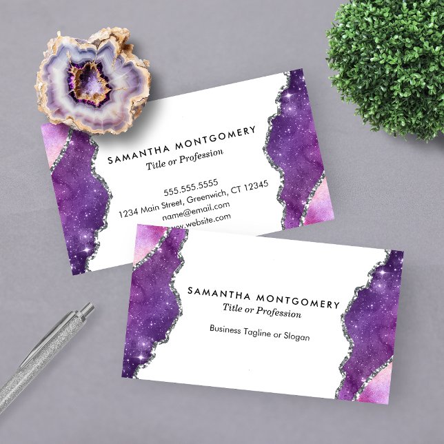 Carte De Visite Chic violet rose Veines Argent Agate Professionnel (Chic Purple Pink Silver Veins Agate Professional Business Card)