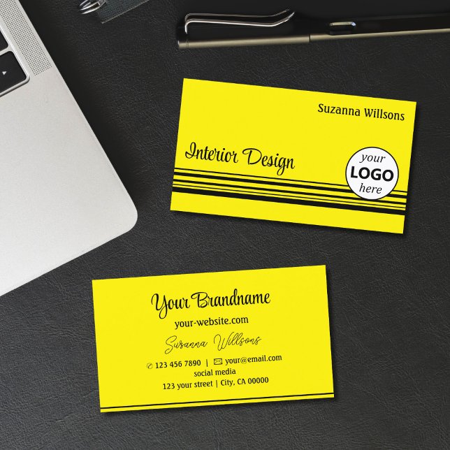 Carte De Visite Chic Yellow Black Stripes avec logo professionnel (Créateur téléchargé)