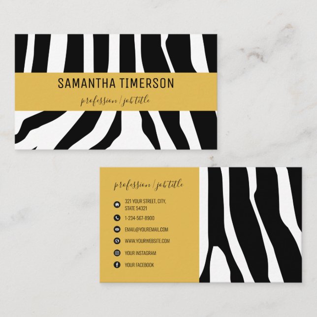 Carte De Visite Chic Zebra Stripes & Gold Modern Professional (Devant / Derrière)