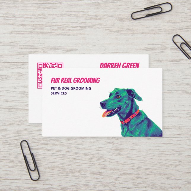 Carte De Visite Chien Grooming QR personnalisé (Devant/Arrière en situation)