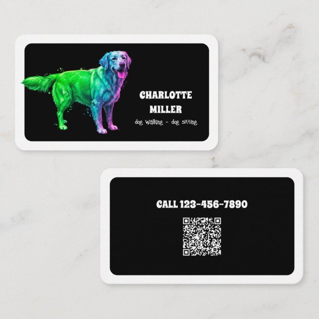Carte De Visite Chien Sitter Chien Walker Neon QR (Devant / Derrière)
