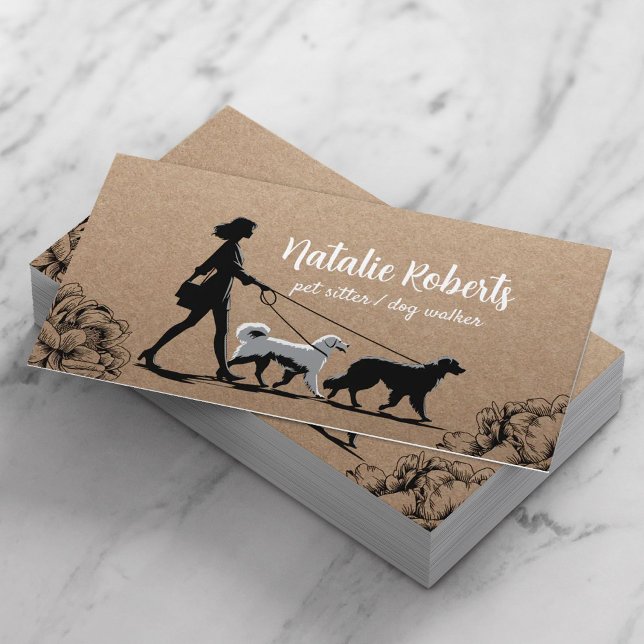 Carte De Visite Chien Walker Animal Sitter Girl & Dogs Rustic Kraf (Créateur téléchargé)