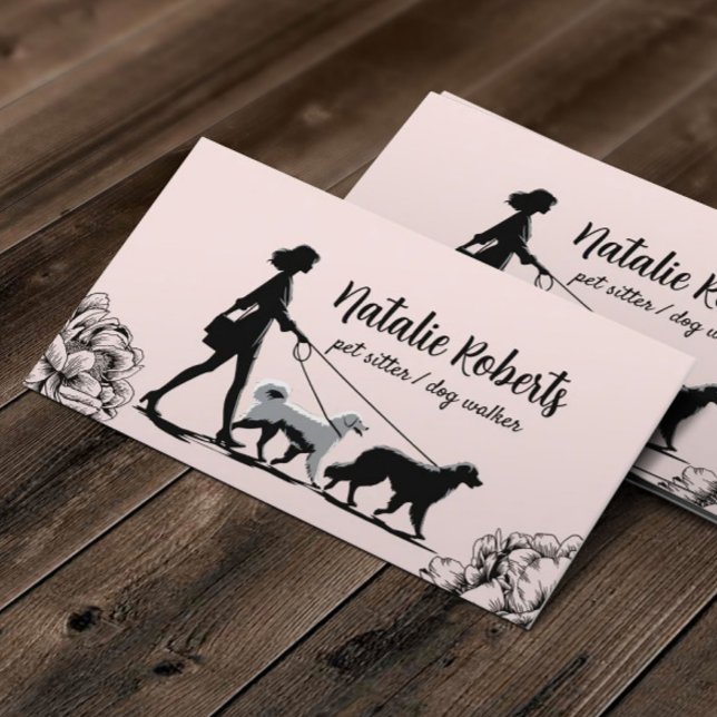 Carte De Visite Chien Walker Animal Sitter Girl Walking Chiens Blu (Créateur téléchargé)
