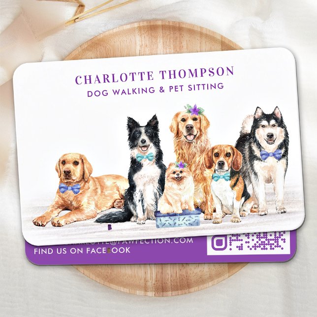 Carte De Visite Chien Walker Animal Sitter Groomer Aquarelle QR Co (Créateur téléchargé)