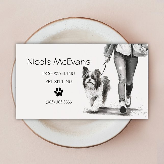 Carte De Visite Chien Walker Animal Sitter Noir Et Blanc (Dog Walker Watercolor Pet Sitter Business Card)