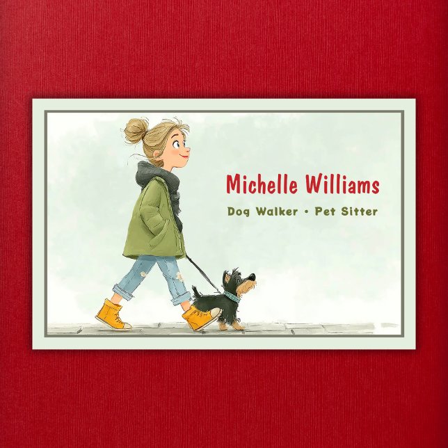Carte De Visite Chien Walker | Sentier pour animaux | Fille Marche (Front - Dog Walker - Pet Sitter - Girl Walking Dog Business Card)