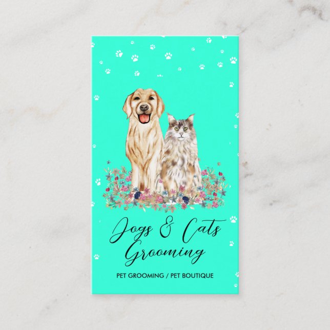 Carte De Visite Chiens d'aquarelle de pattes turquoises Chats Anim (Devant)