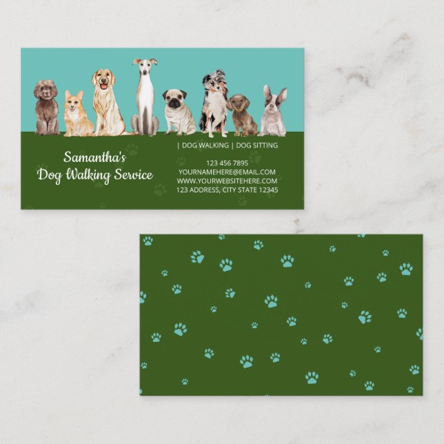 Carte De Visite Chiens d'aquarelle Green Cute Paws (Devant / Derrière)