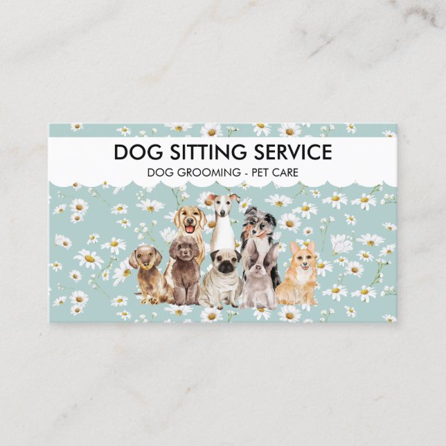 Carte De Visite Chiens d'aquarelle turquoises Fleurs de marguerite (Devant)