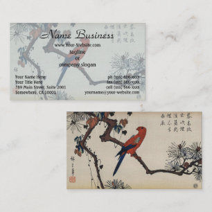 Carte De Visite Chinoiserie Perroquet Rouge & Pin Zen en Bois Grav