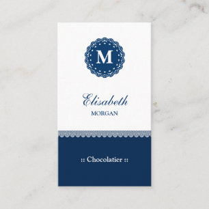 Carte De Visite Chocolatier Élégant Dentelle Bleue Monogramme