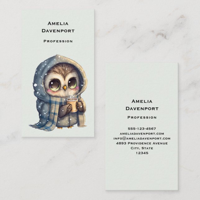 Carte De Visite Chouette à gros yeux mignonne tenant un café (Devant / Derrière)