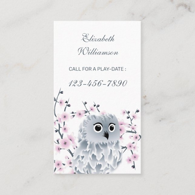 Carte De Visite Chouette Et Cerisier Blossom Rose Appel À Jouer  (Devant)
