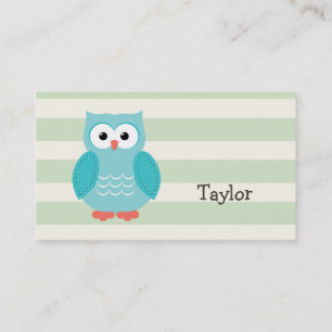 Carte De Visite Chouette turquoise sur Pastel Green Stripes