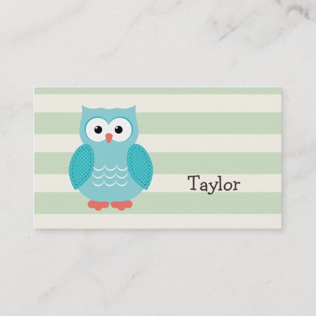 Carte De Visite Chouette turquoise sur Pastel Green Stripes (Dos)