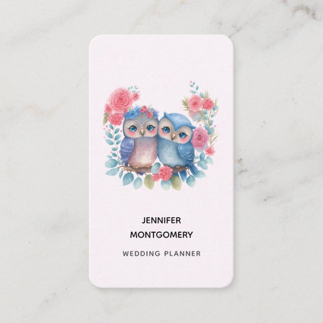 Carte De Visite Chouettes amoureuses Assis sur une branche d'arbre (Devant)
