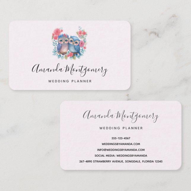 Carte De Visite Chouettes amoureuses Assis sur une branche d'arbre (Devant / Derrière)