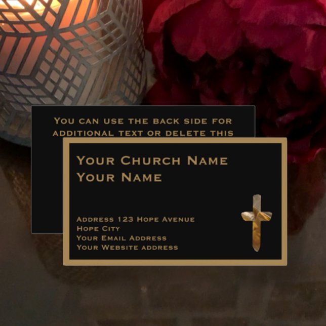 Carte De Visite Christian Church Ministre Tan Black Croix stylish (Create your personalized minister, pastor, church business card. Tan on Black with gold modern cross)
