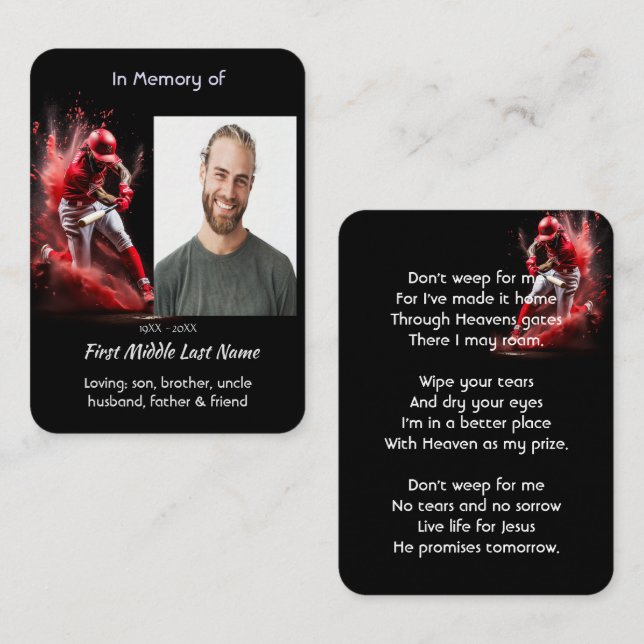 Carte De Visite Christian Memorial Keepsake Baseball Softball  (Devant / Derrière)