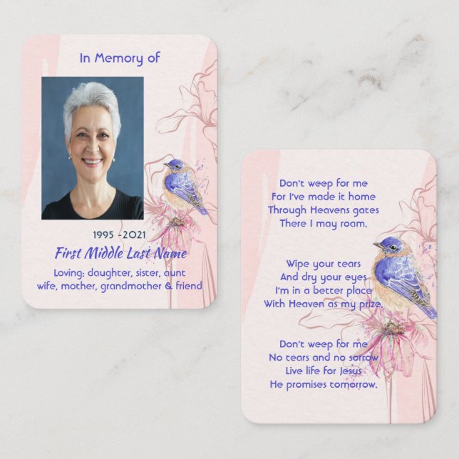 Carte De Visite Christian Memorial Keepsake  Bluebird Garden  (Devant / Derrière)