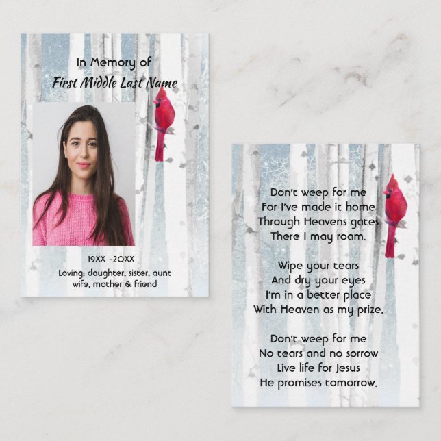 Carte De Visite Christian Memorial Keepsake Cardinal Bird (Devant / Derrière)