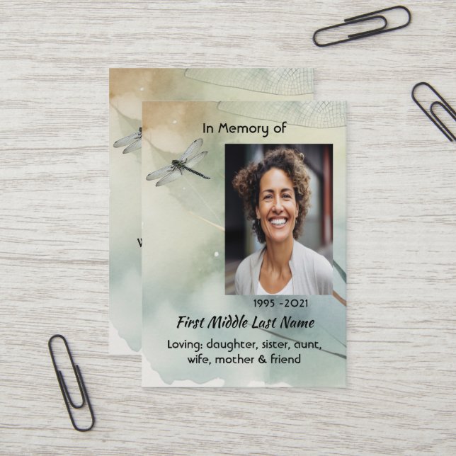 Carte De Visite Christian Memorial Keepsake Dragonfly Business (Devant/Arrière en situation)