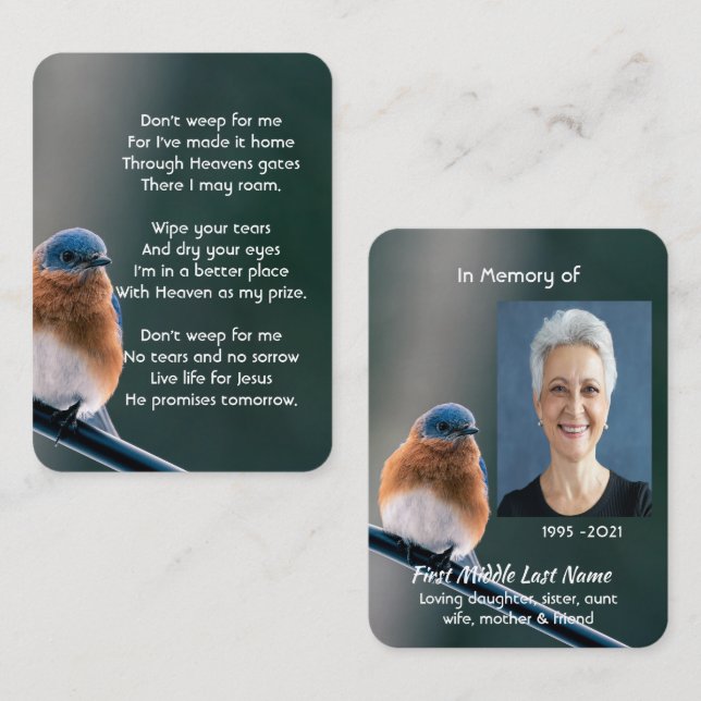 Carte De Visite Christian Memorial Photo Bluebird Garden Bird  (Devant / Derrière)