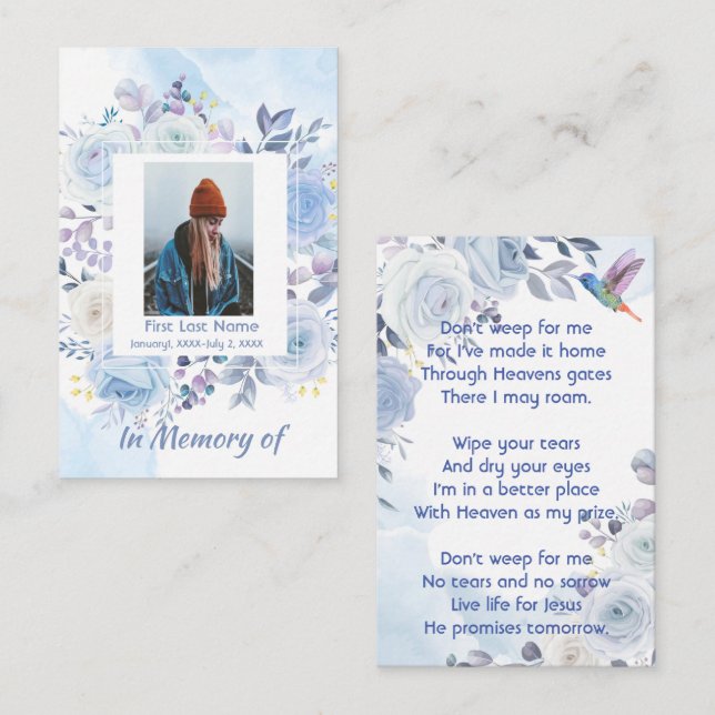 Carte De Visite Christian Memory Keepsaké Hummingbird Roses bleus (Devant / Derrière)