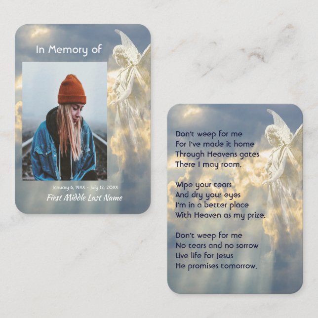 Carte De Visite Christian Poem Memorial Keepsaké Angel Sky Nuages (Devant / Derrière)