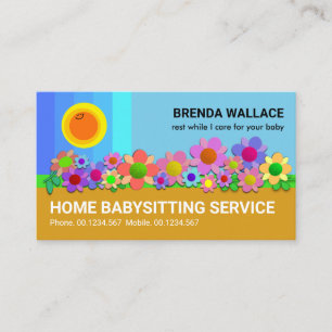 Carte De Visite Ciel bleu Joyeux Soleil Fleurs colorées Babysittin