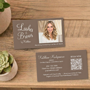 Carte De Visite Cils et Sourcils Mocha Brown Script Photo QR Code