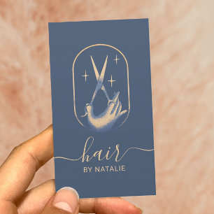 Carte De Visite Ciseau pour cheveux & Logo main Vintage Blue Gold