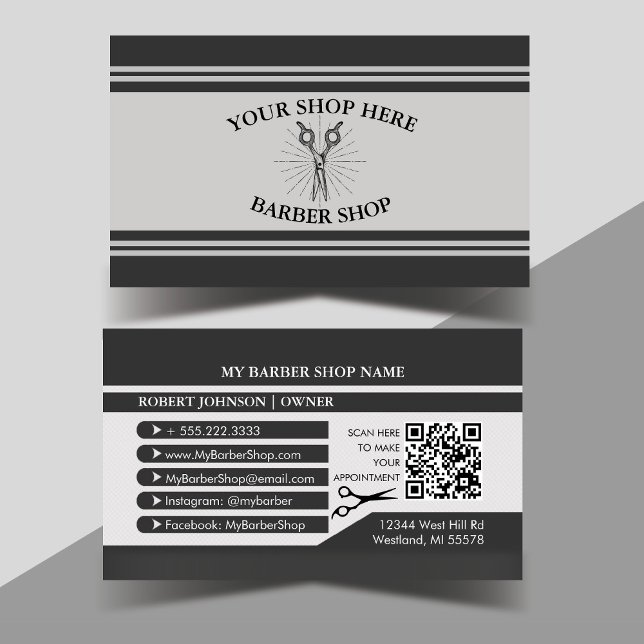 Carte De Visite Ciseaux Barbier noir et gris Boutique (Black and Grey Vintage Barber Scissors Modern Professional Business Card)