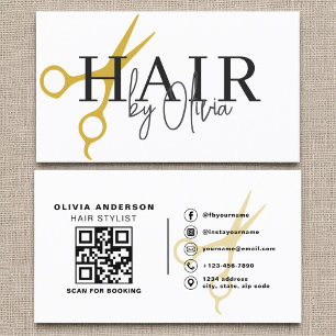 Carte De Visite Ciseaux blancs noirs modernes QR Code Hair Stylist
