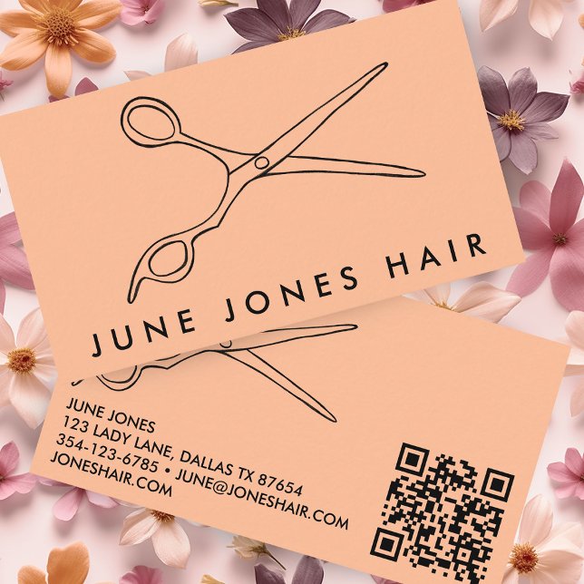 Carte De Visite Ciseaux chic barbier QR Code Peach (Hair Stylist Scissors Minimalist Simple Chic Barber QR Code Peach Fuzz Custom Business Card
)