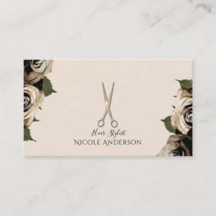 Carte De Visite Ciseaux de coiffeur de salon Rose Gold Glam Roses