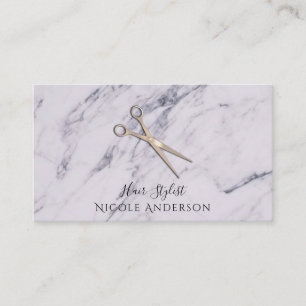 Carte De Visite Ciseaux de coiffeur de salon Rose Gold sur Marbre