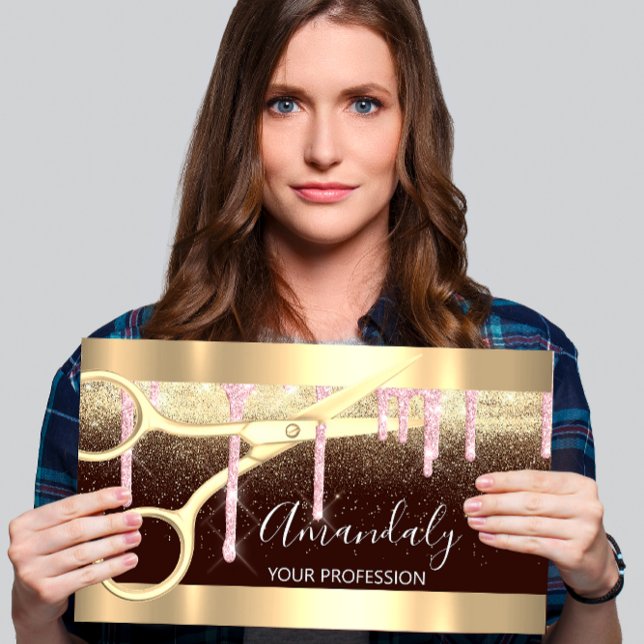 Carte De Visite Ciseaux de coiffeur moderne Gold Rose Noir (Modern Hairdresser Scissors Drips Gold Pink Black Business Card)