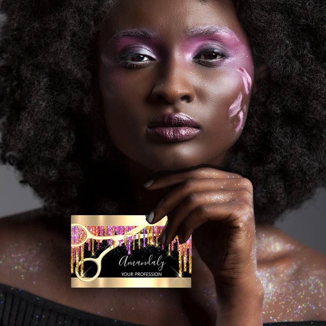 Carte De Visite Ciseaux de coiffeur moderne Parties scintillant vi (Modern Hairdresser Scissors Purple Glitter Black Business Card)