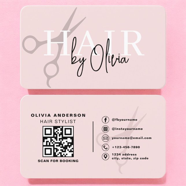 Carte De Visite Ciseaux de coiffeur Rose poudré Code QR  (Créateur téléchargé)