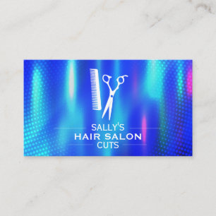 Carte De Visite Ciseaux de salon et logo peigne   Métal bleu