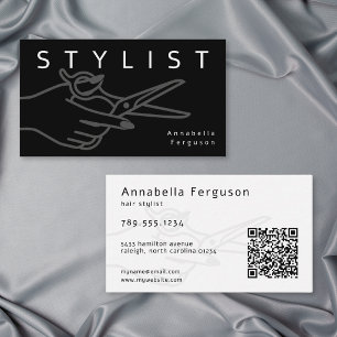 Carte De Visite Ciseaux de styliste de coiffure moderne QR noir bl