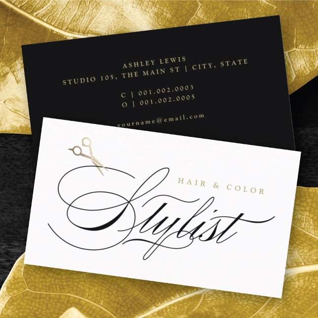 Carte De Visite Ciseaux dorés de calligraphie pour coiffeur classi (Classic Hair Stylist Calligraphy Gold Scissors Business Card by fatfatin @ color_therapy)