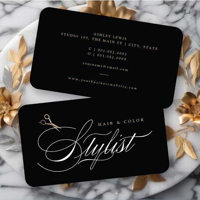 Carte De Visite Ciseaux dorés de calligraphie pour coiffeur classi (Classic Hair Stylist Calligraphy Gold Scissors Business Card @ fatfatin)
