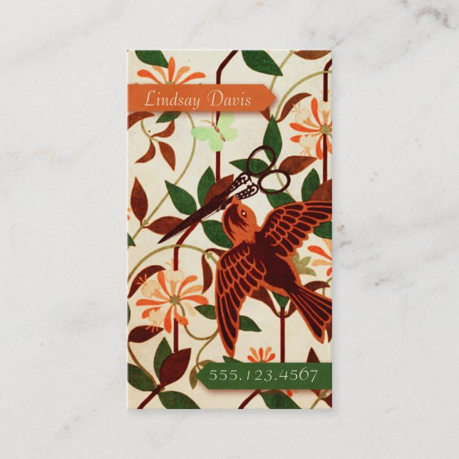 Carte De Visite ciseaux floraux de coiffeur de rétro oiseau (Devant)