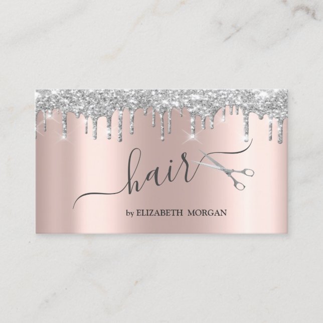 Carte De Visite Ciseaux modernes Parties scintillant argent  Rose  (Devant)