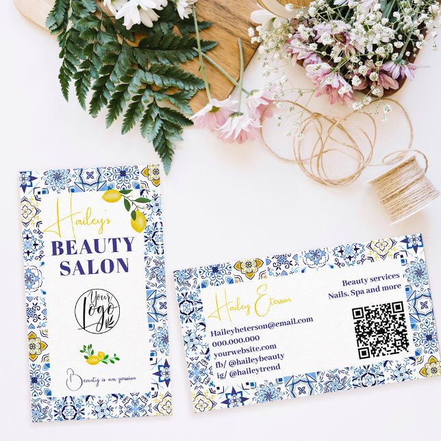 Carte De Visite Citron bleu italien carrelage aquarelle salon de b (Créateur téléchargé)