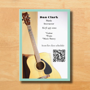 Carte De Visite Clair Turquoise QR Code Music Enseignant Guitare a